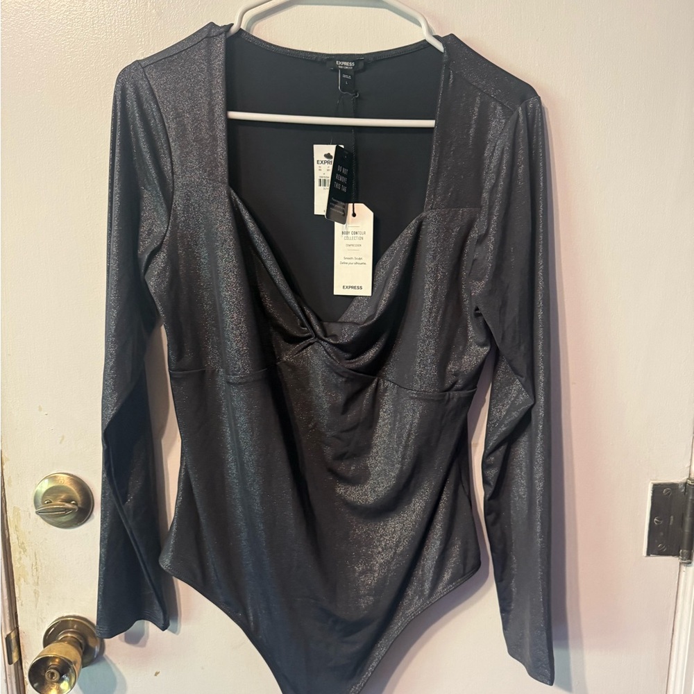Express Women’s BodySuit Size L Shimmering Grey Metallic Long Sleeve Bodysuit